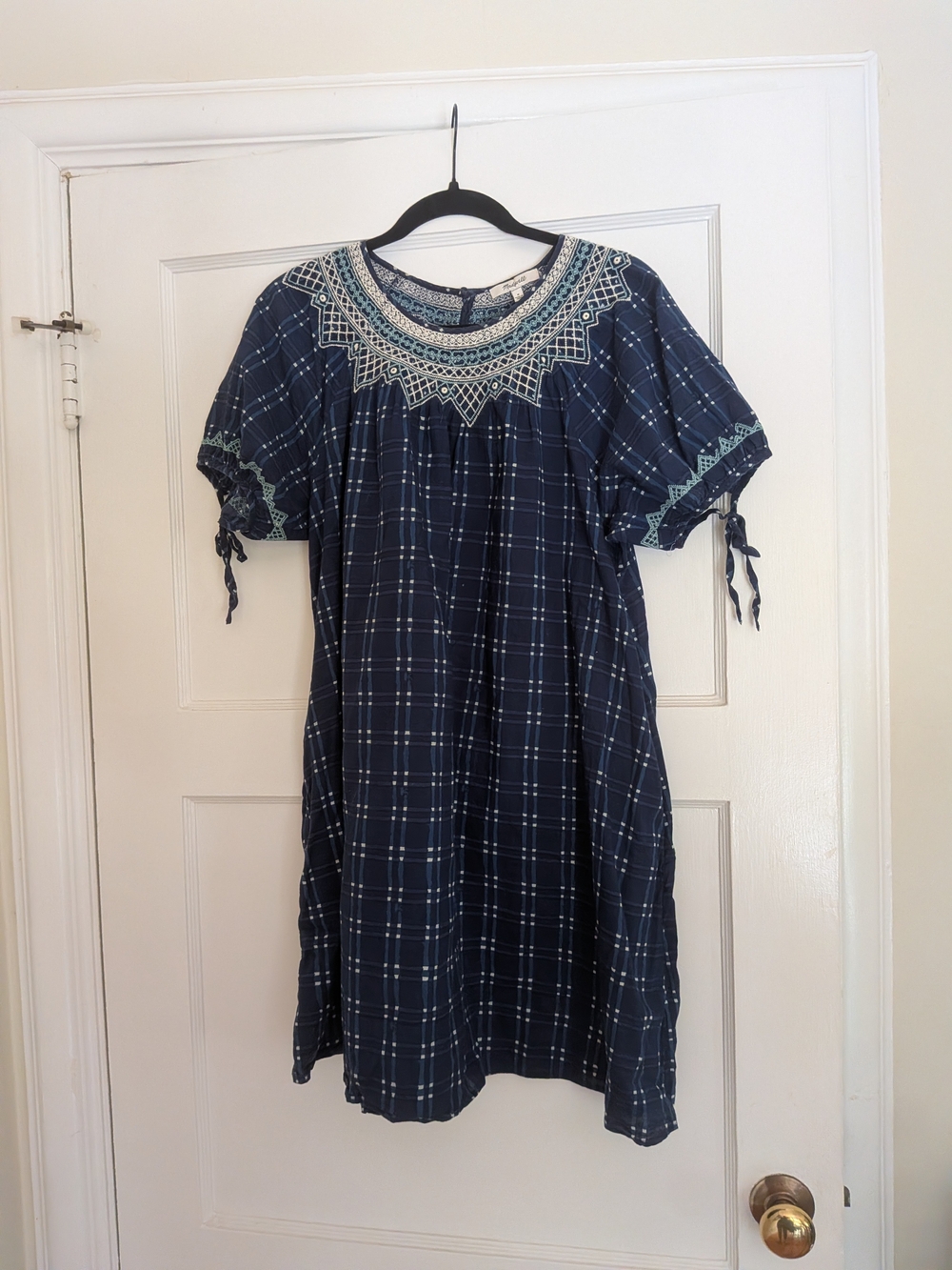 Madewell Navy Plaid Mini Sun Dress with Embroidered Yoke